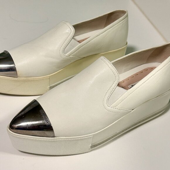 Miu Miu White Leather Metal Cap Toe Platform Slip On Sneakers - Picture 2 of 6